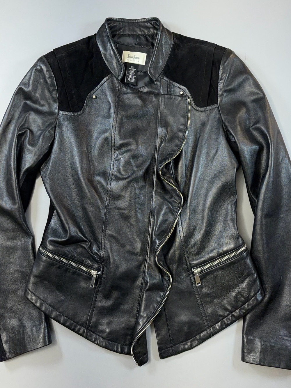 Neiman Marcus Exclusive Black Leather & Suede Asymmetrical Moto Jacket Edgy Cool